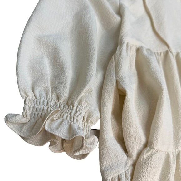 Wishlist texture neck tie mini dress champagne fairy coquette ruffle puff sleeve - Picture 3 of 9